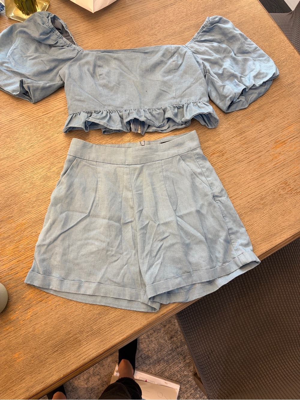 Kittenish Light Blue High-Waist Linen Blend Short Set - Women
